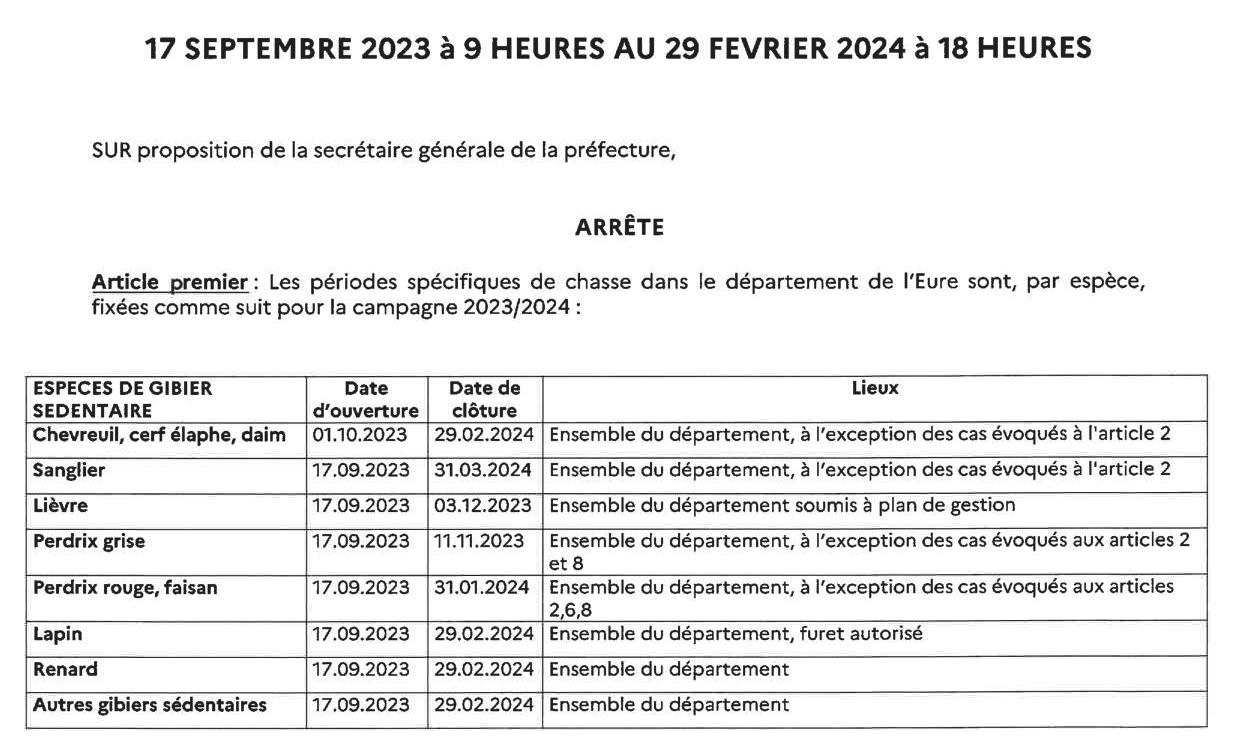 Dates chasse 2023/2024