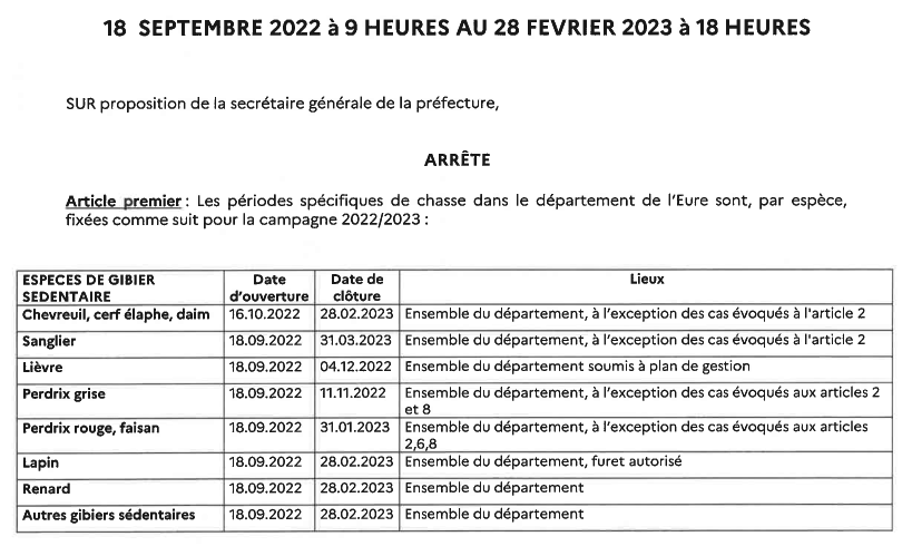 Dates chasse 2022/2023