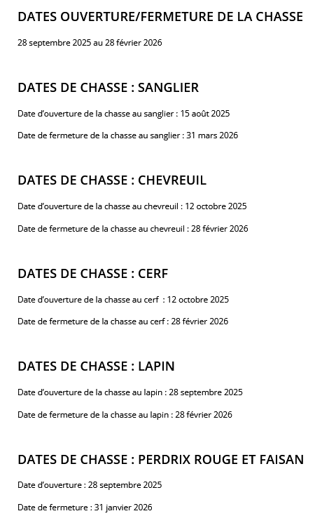 Dates saison chasse 2025/2026